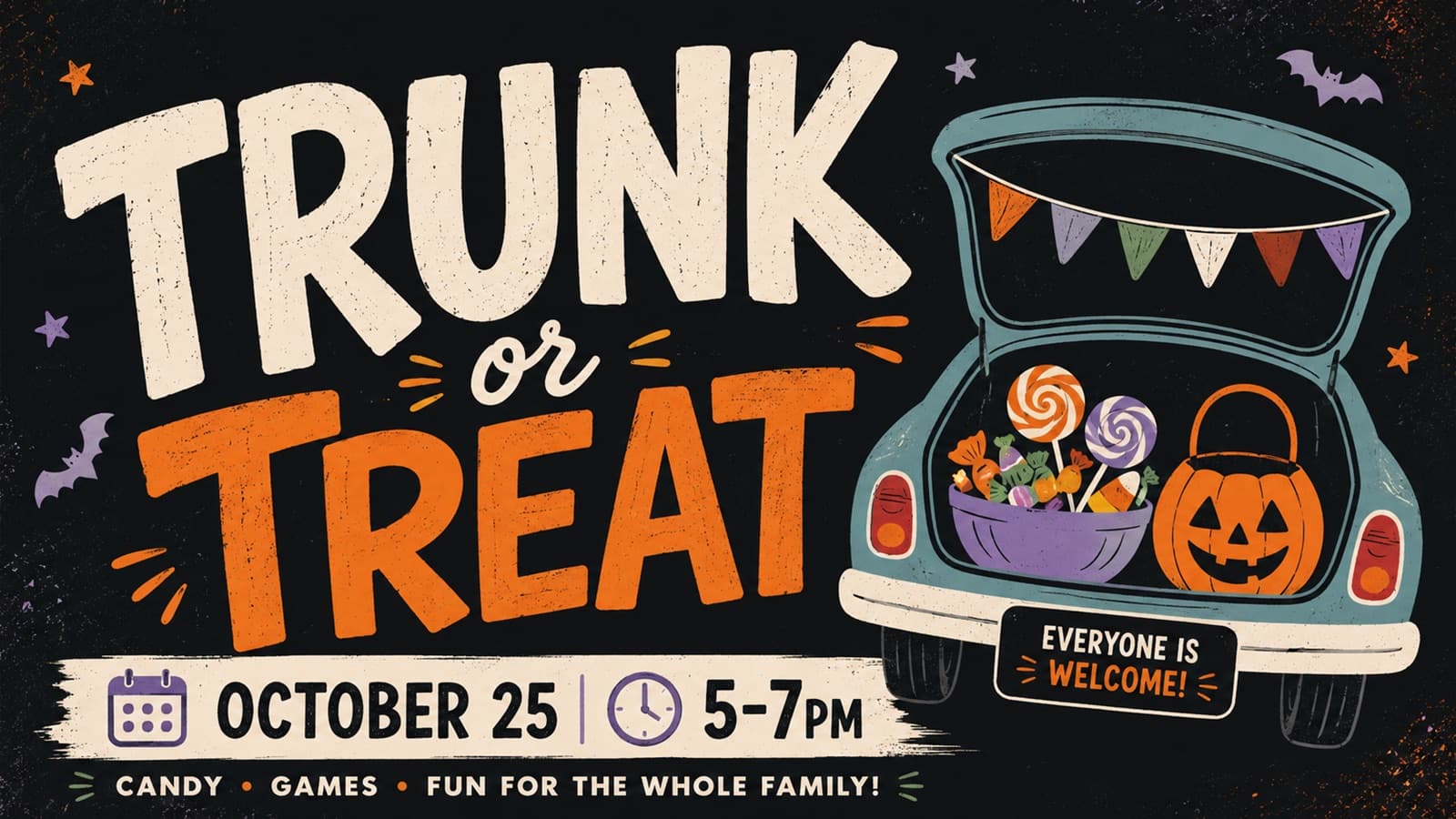 Trunk or Treat, October 25, 5–7pm. Candy, games, fun for the whole family. Everyone is welcome!