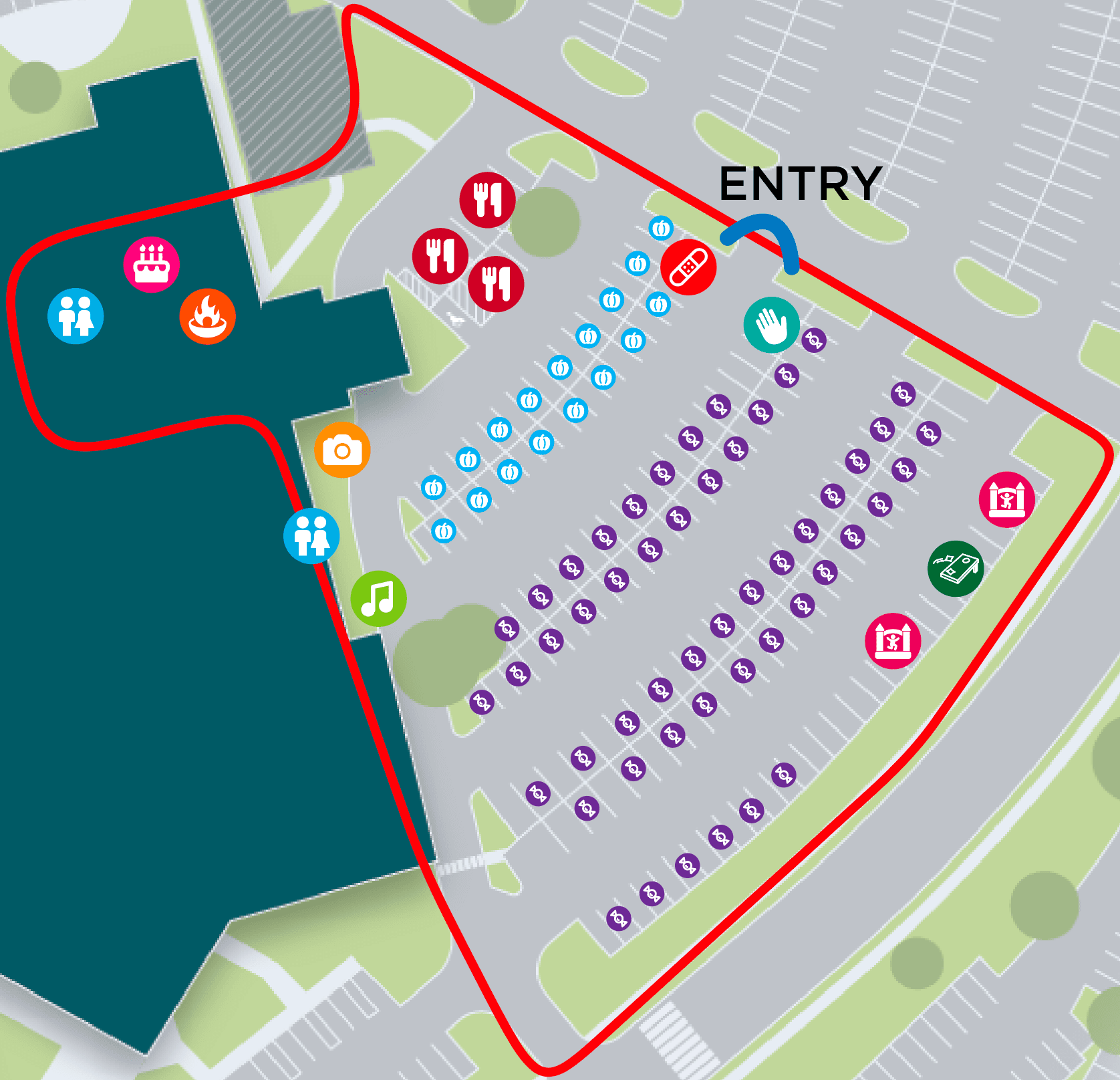 Event map: enter from the north lot by the welcome tent. Candy trunks fill the parking lot, teal pumpkin trunks line the row by the building, inflatables and yard games run along the east edge, first aid and lost child is just inside the entry, food trucks, the photo booth, and the DJ sit along the building, and the restrooms and chili cook-off are inside.